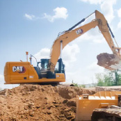 Excavator with trimble antennas digging using Trimble Worksmanager software