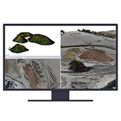 Desktop monitor displaying Trimble Business Center software computing precise surfaces and volume stockpile quantities