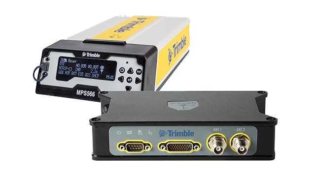 Trimble MPS566 Model 2 modular GNSS heading receiver showing positioning data, and Trimble BX992 GNSS receiver with antenna and data ports