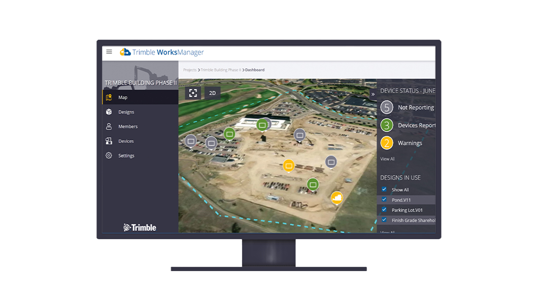 Desktop monitor displaying Trimble WorksManager software tracking the location of jobsite assets to optimize resource utilization